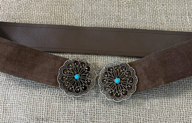 Vintage Brown Suede Leather Belt With Brass & Turquoise Buckle S