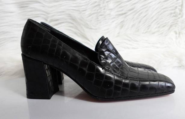 Via Spiga  90s Vintage Black Croc-Embossed Square Toe Leather Heeled Loafers