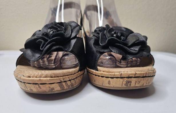 Blossom Born  Black Leather Slingback Open Toe Cork Wedge Shoes Women's Size 9M