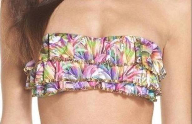 PilyQ  LANAI EMBROIDERED RUFFLE BANDEAU Floral Swim Bikini Top D NWT