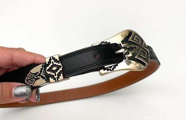 Buckle Black Nocona Belt Aztec Metal  Skinny Genuine Leather Size 32