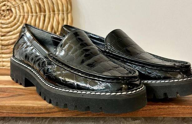 Donald Pliner Hope Crocodile Embossed Patent Leather Lug Sole Platform Loafers