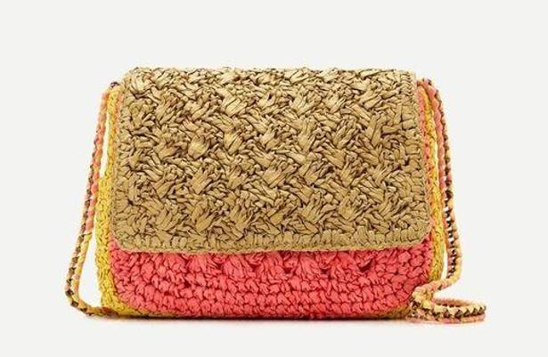 J.Crew  Colorblocked Handwoven Raffia Crossbody Bag Button Closure Chain Strap