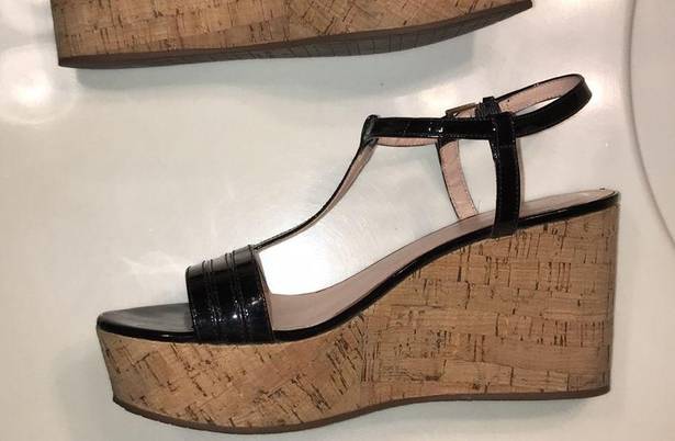 Kate Spade  Women’s Tallinn Black Patent Leather Cork Wedge Sandal Heels