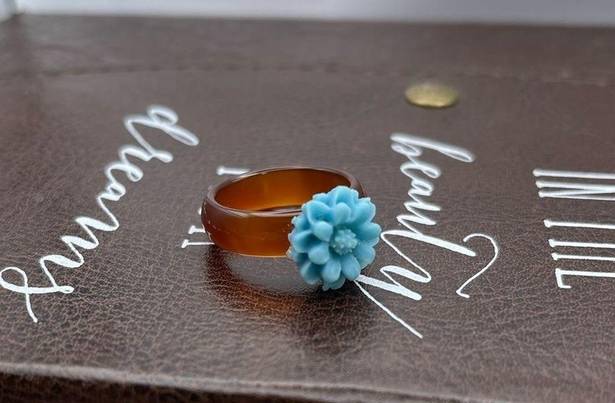 Daisy Baby Blue  Floral Brown Agate Bohemian Size 7 Ring