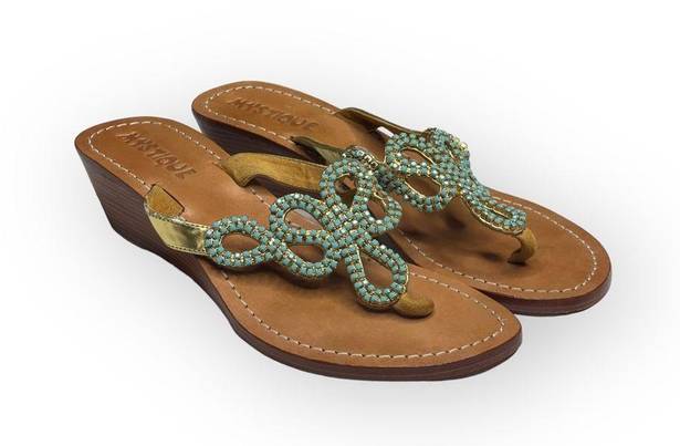 Mystique Boutique Mystique ☀︎︎ Bali Turquoise Crystal Beaded Wedge Thong Sandals ☀︎︎ Gold 7M ☀︎︎