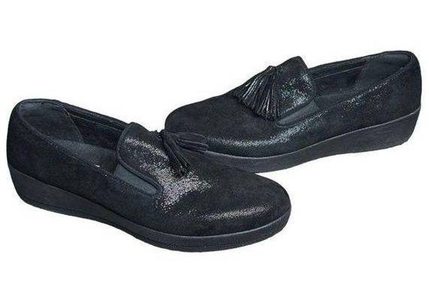 FitFlop  Womens Superskate Tassel Suede Shimmer Loafers Shoes 8.5 Black Slip On