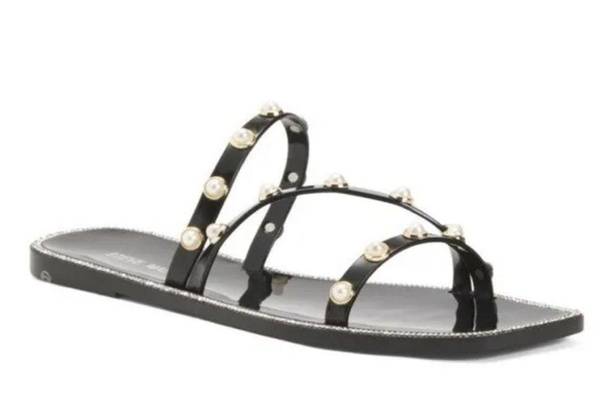 Steve Madden Nonii Black Pearl Studded Square Toe Flat Sandals Size 10 NEW