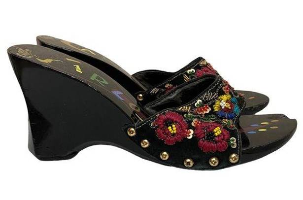 Carlos Santana  Embroidered Black Lacquer Wooden Wedge Slip-On Mules Size 6 1/2