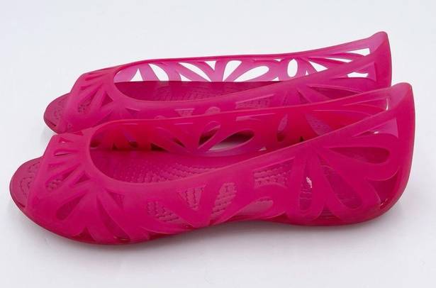 Crocs  Women's Adrina III Peep Toe Flats Slip Ons Bright Pink Jelly Shoes Size 8