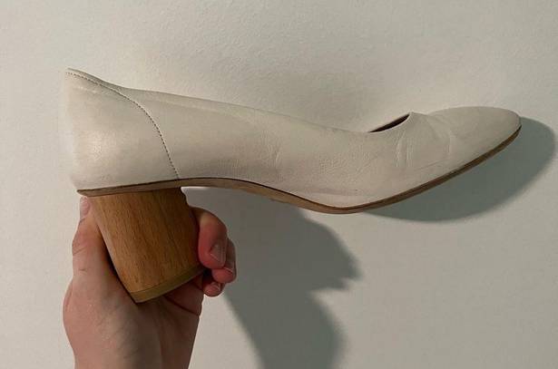 COS  Cream Leather Round Toe Wooden Heel Pumps