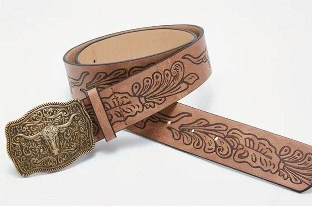 Western Bull Head Buckle Unisex Belt Vintage Style Embossed 37” Faux Leather Tan