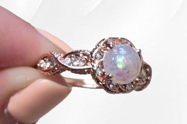 Boutique Elegant Inlaid Opal Fashion Rosy Golden Round Twisted Band Women's Ring Size 8