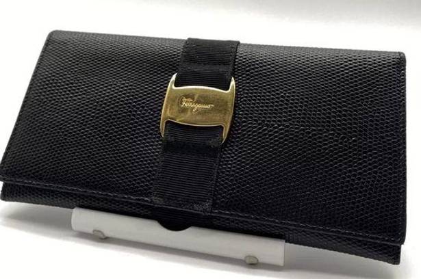 Salvatore Ferragamo Vara Black Leather Long Bifold Wallet Made in ITALY