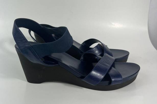 Ralph Lauren Lauren  LRL Navy Blue Leather Strappy Black Wedge Sandal Heels 10