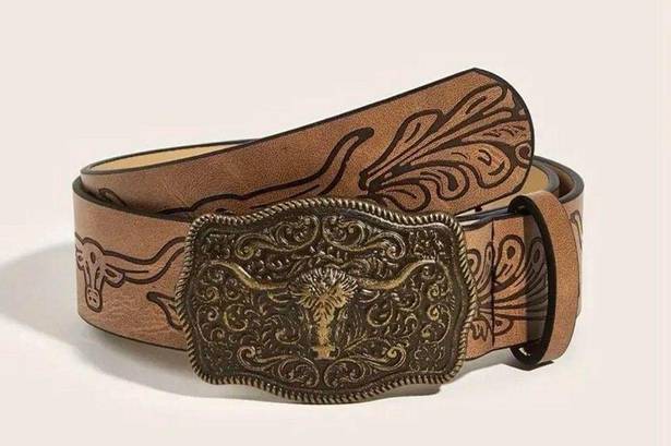 Western Bull Head Buckle Unisex Belt Vintage Style Embossed 37” Faux Leather Tan
