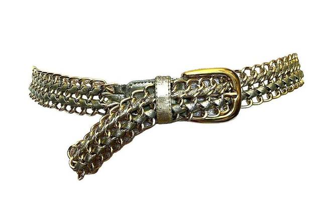 None Gold Chainlink and Silver Leather Twist  Womens Belt 38 inches long Buckle Disco