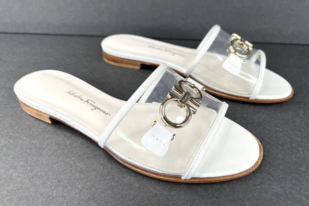 Salvatore Ferragamo  Rhodes Pvc Gancini Logo White Leather Flat Sandals Size US 5