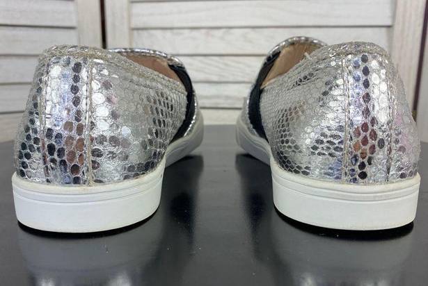 Nine West  Bonkers Embossed Metallic Slip On Sneaker Silver Black 7