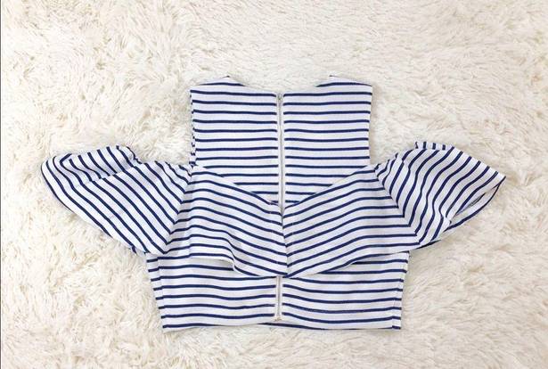 J.O.A. white blue striped croptop cold shoulder Large