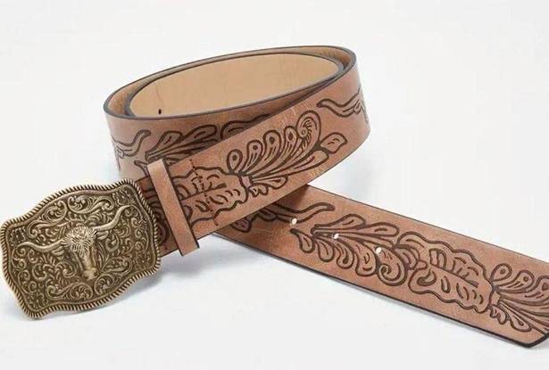 Western Bull Head Buckle Unisex Belt Vintage Style Embossed 37” Faux Leather Tan