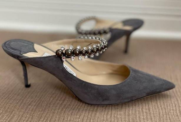 Jimmy Choo  Grey Suede Bing Crystal Embellished Mules Size 37