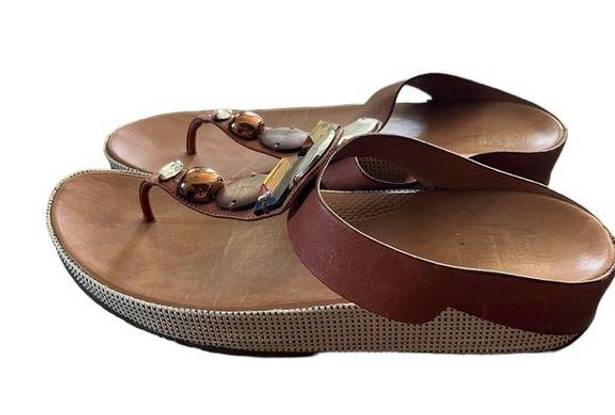 FitFlop  Womens Jeweley Toe Post Flip Flop Dark Tan Size 11 Wedge