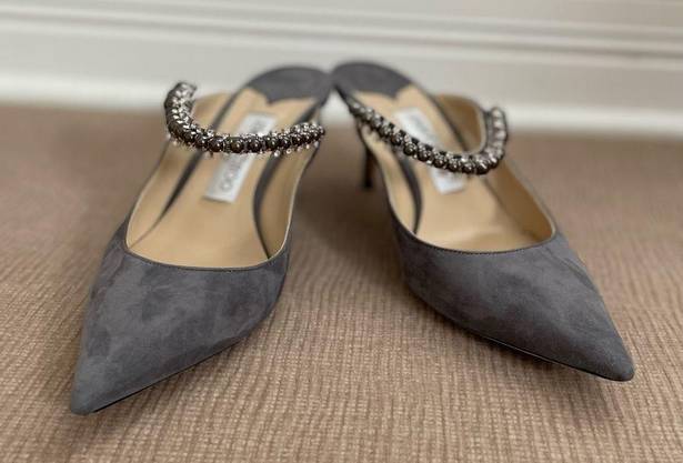 Jimmy Choo  Grey Suede Bing Crystal Embellished Mules Size 37