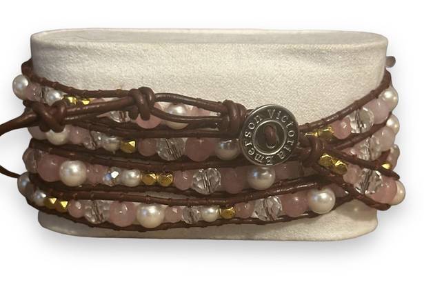 Victoria Emerson Rose Quartz And Pearl Leather Wrap Bracelet