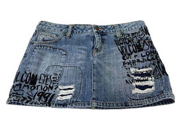 Volcom  Women's Blue Mini Denim Skirt Size 7 Distressed and Writing Pattern