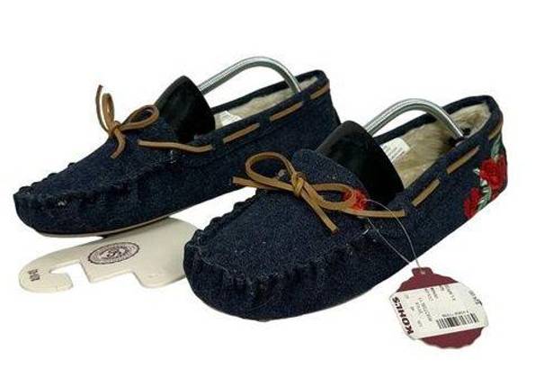 SO  Women's Embroidered Rose Denim Moccasin Slippers Size XL