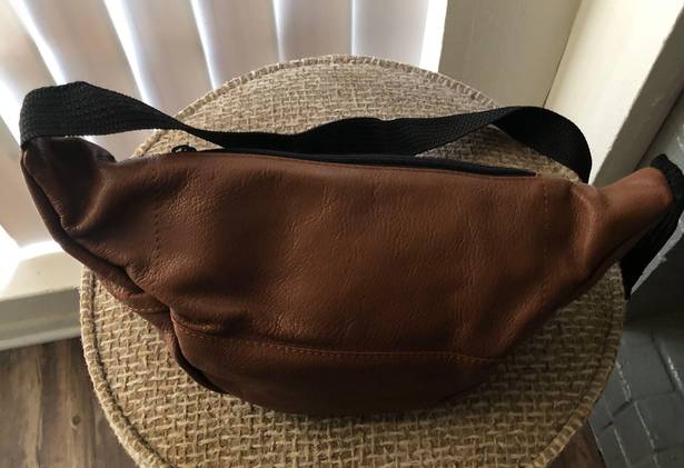 Leather Brown with black zip buckle belt fanny pack sling bag