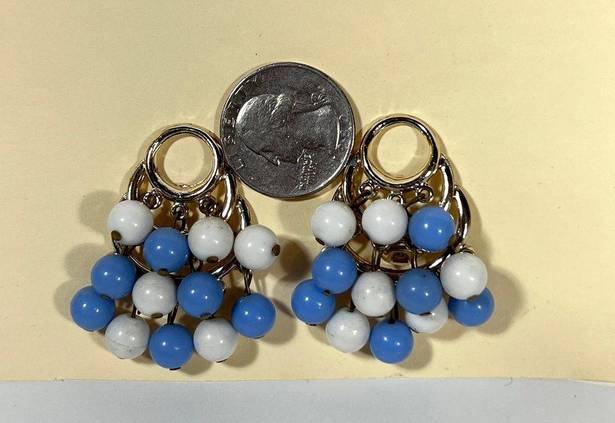 Vintage Blue  and White Beaded Earrings, Clipon Tiered Jewelry