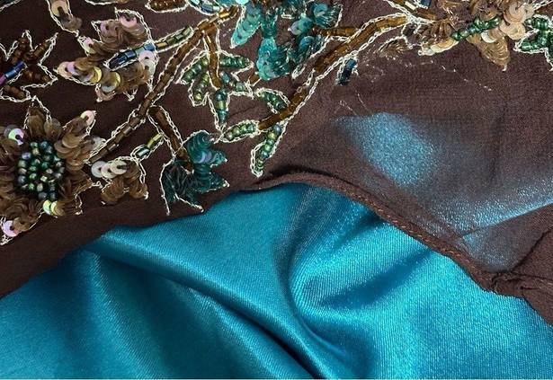 Scala Women's  Brown & Teal Blue Beaded Floral One-Shoulder Asymmetric Dress Sz L