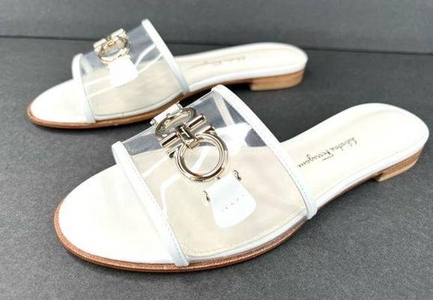 Salvatore Ferragamo  Rhodes Pvc Gancini Logo White Leather Flat Sandals Size US 5