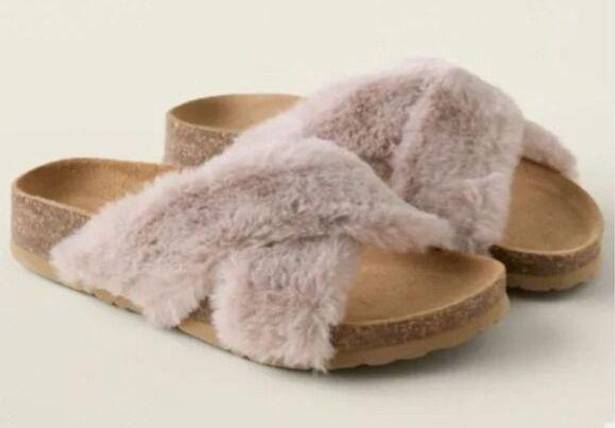 Garnet Hill  | Mira Fuzzy Slides Mauve Faux Fur Criss Cross Sandal Slippers | 8