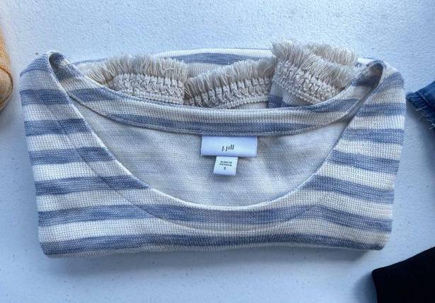 J.Jill  Long Sleeve White Blue Striped Fringe Shirt Size Small