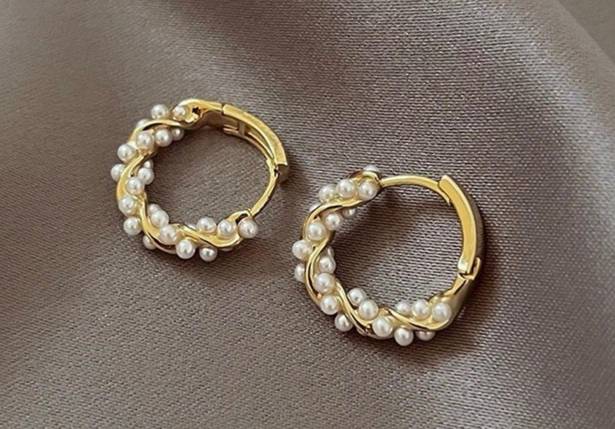 18K Gold Plated White Pearl Hoop Earrings for Women