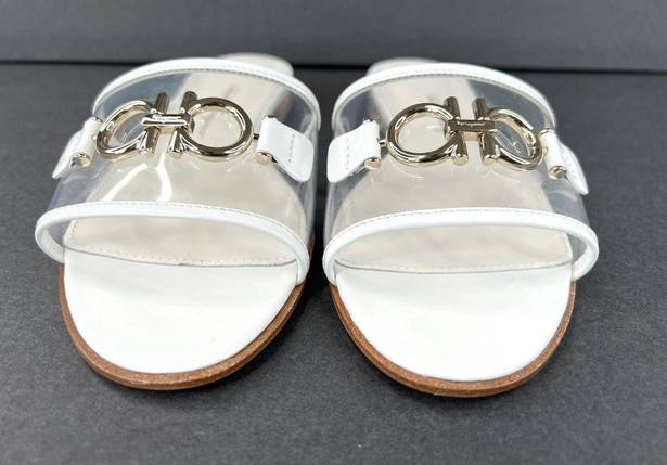 Salvatore Ferragamo  Rhodes Pvc Gancini Logo White Leather Flat Sandals Size US 5