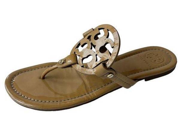 Tory Burch  Sandals Tan Patent Leather Flip Flops Slip On Logo Shoes Women's 9.5M