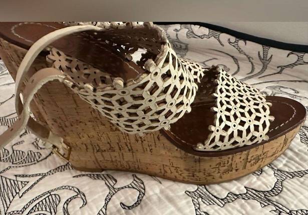 Tory Burch  Cork Sandals Wedge Ivory Perforated Leather Daisy