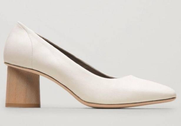 COS  Cream Leather Round Toe Wooden Heel Pumps