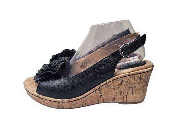 Blossom Born  Black Leather Slingback Open Toe Cork Wedge Shoes Women's Size 9M