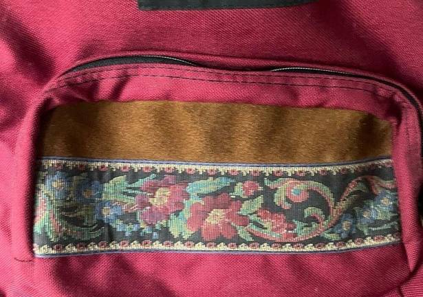 Jansport Vintage 90s  Backpack Suede Leather Bottom Maroon Red Floral Unisex