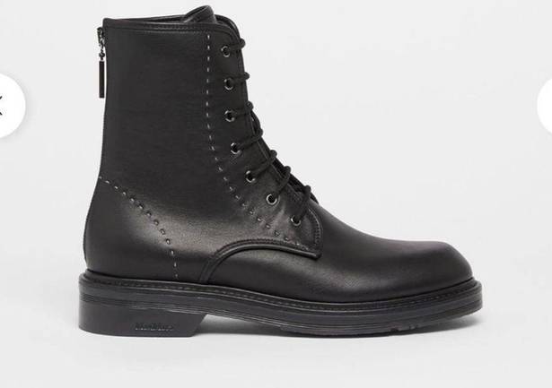 Max Mara  Beth Ankle Zip Black Leather Combat Boots size 7.5