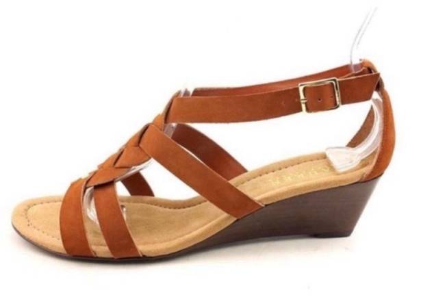 Ralph Lauren  Brown Cognac Suede Leather T-Strap Lydia Wedge Sandals Size 10