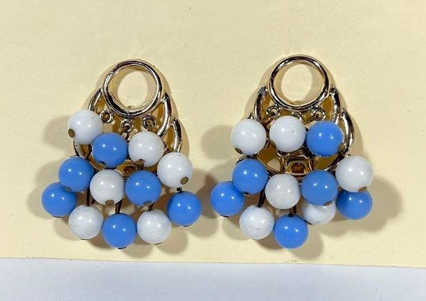Vintage Blue  and White Beaded Earrings, Clipon Tiered Jewelry