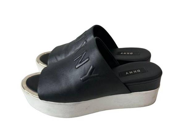 DKNY  Black Leather Platform Slide Sandals Sz 8.5