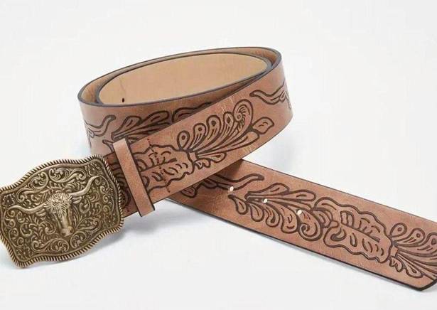 Western Style Bull Head Buckle Unisex Belt Vintage Embossed Brown