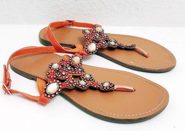 Bamboo  Thong Sandals Embellished Orange Shoe Size 9